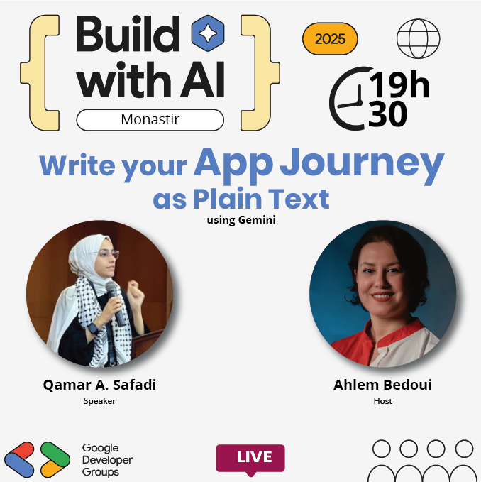 🎯 Kind Reminder 🎯
Get ready for the final session of our #BuildWithAI series with the one and only <a href="/QamarSafadi/">Qamar A. Safadi</a> about "Write your app journey as plain text and boom using Gemini"
Don’t miss this exciting session!
<a href="/GoogleDevExpert/">@GoogleDevExpert</a> <a href="/googledevgroups/">Google Developer Groups</a> <a href="/GDGMonastir/">GDG Monastir</a> <a href="/WomenTechmakers/">Women Techmakers</a>
