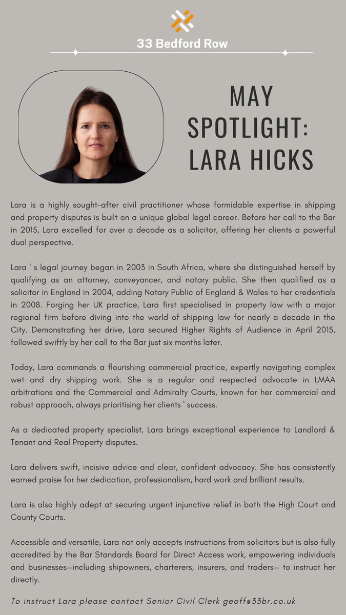 Our Monthly Barrister Spotlight for May is Lara Hicks! Lara is a highly sought-after civil practitioner whose formidable expertise in shipping and property disputes is built on a unique global legal career. 
#monthlyspotlight #civillaw #practitioner #propertydisputes #solicitor
