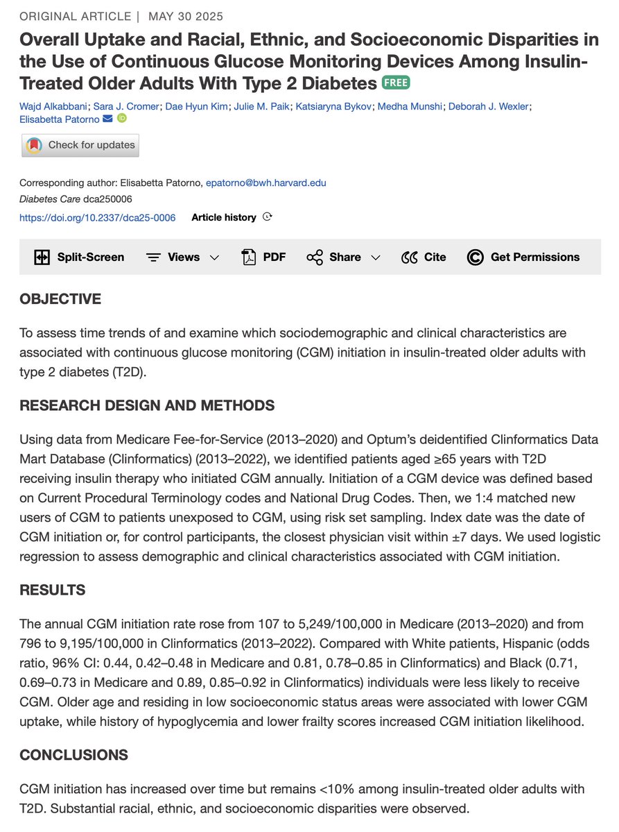 Giuseppe Maltese (@docmaltese) on Twitter photo CGM use is rising, though still slowly, in older adults with T2D.
Stark disparities by race, age, and socio-economic status persist.
Equitable access to diabetes technology should be a priority, in any country.
<a href="/DiabetesCareADA/">Diabetes Care, a research journal of the ADA 🌟</a>
#Diabetes #Olderpeople #Technology CGM use is rising, though still slowly, in older adults with T2D.
Stark disparities by race, age, and socio-economic status persist.
Equitable access to diabetes technology should be a priority, in any country.
<a href="/DiabetesCareADA/">Diabetes Care, a research journal of the ADA 🌟</a>
#Diabetes #Olderpeople #Technology