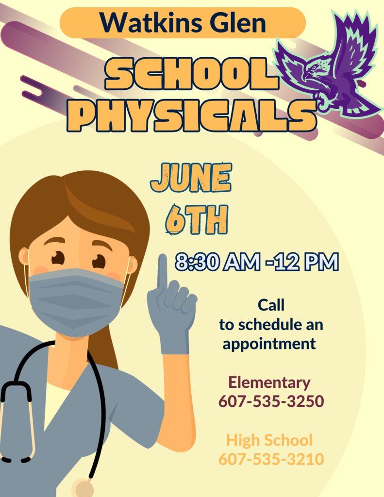 Last School Physicals of the school year!
If you would like to have your child on the list, call their school buildings health office.