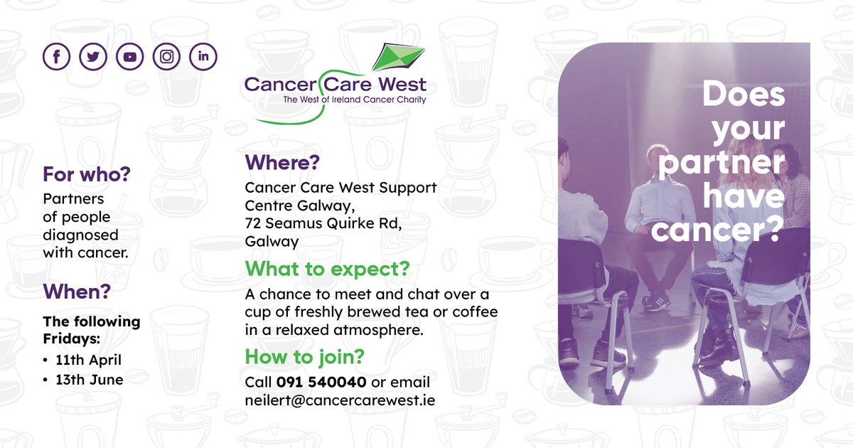 cancercarewest (@cancercarewest) on Twitter photo We invite all partners of people diagnosed with cancer to come along to our support group on the 13th of June. This is free to attend but please book your place by contacting us on 091 540040 or email us at neilert@cancercarewest.ie
#cancersupport #supportgroup #galway #cancer We invite all partners of people diagnosed with cancer to come along to our support group on the 13th of June. This is free to attend but please book your place by contacting us on 091 540040 or email us at neilert@cancercarewest.ie
#cancersupport #supportgroup #galway #cancer