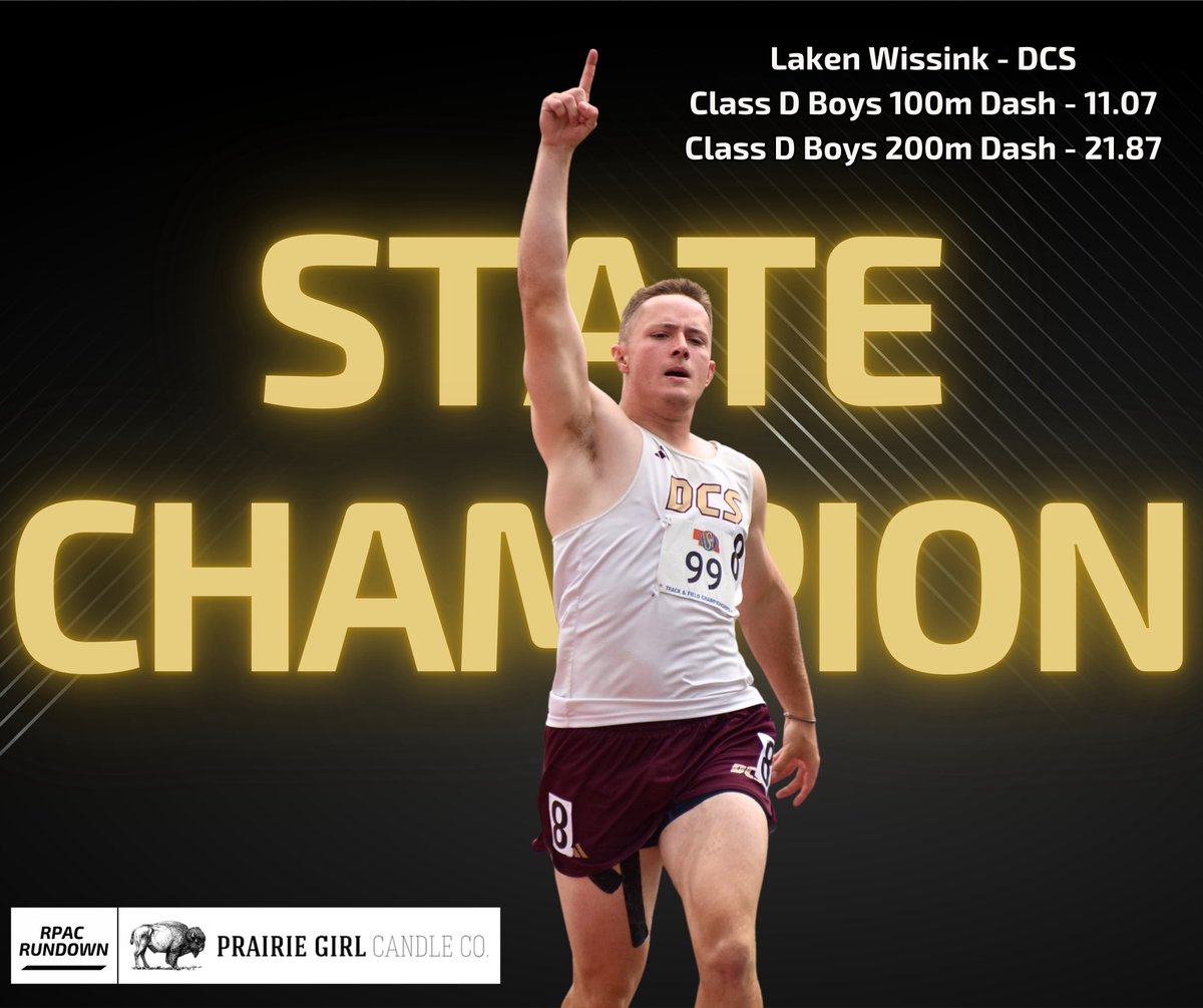 🥇Congratulations to Laken Wissink of <a href="/dcstigers/">Dundy County Stratton Schools</a> on his Class D Gold Medals! 🥇

100-meter dash - 11.07
200-meter dash - 21.87

Our Track and Field State Champion graphics are brought to you by Prairie Girl Candle Co.

#rpacrundown