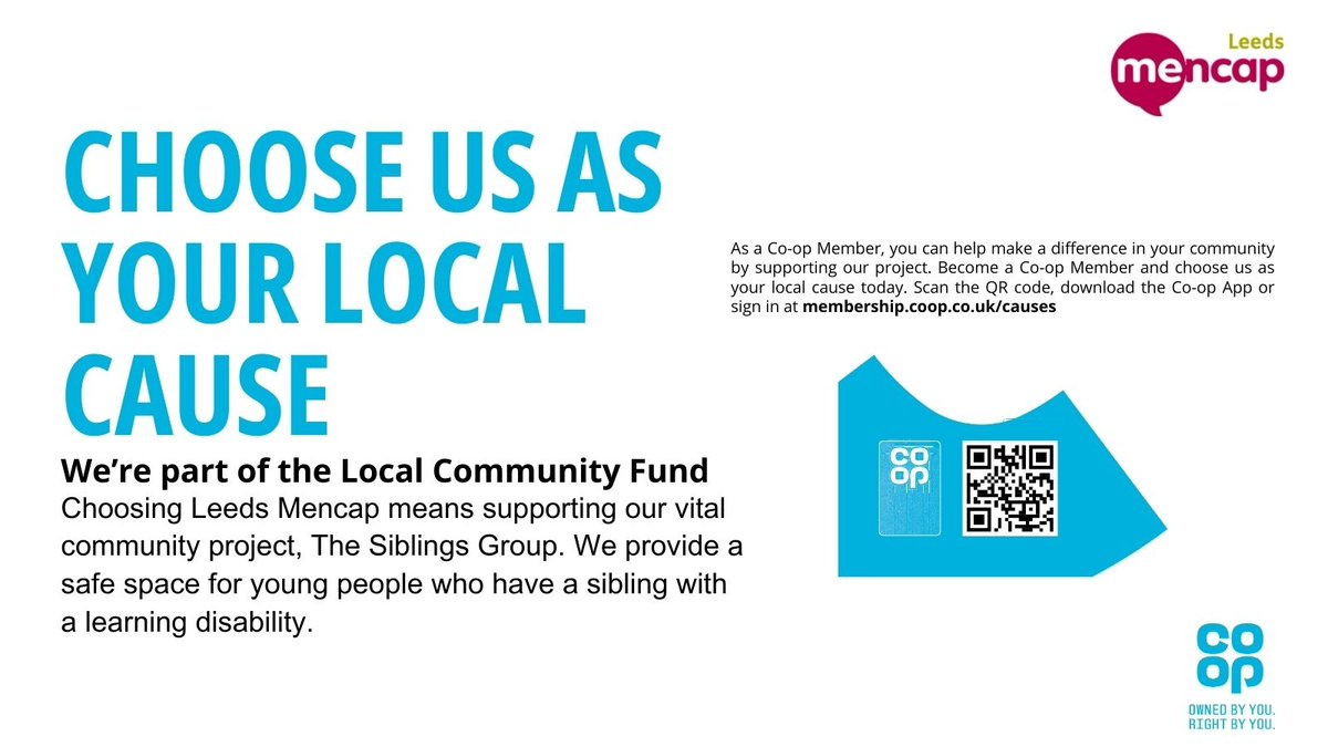 🌟Get involved in your community and choose Leeds Mencap as your cause for Co-op's Local Community Fund!🌟

🔷Co-op members can make a difference by choosing us, and you can find out more here: lght.ly/4bmge1f