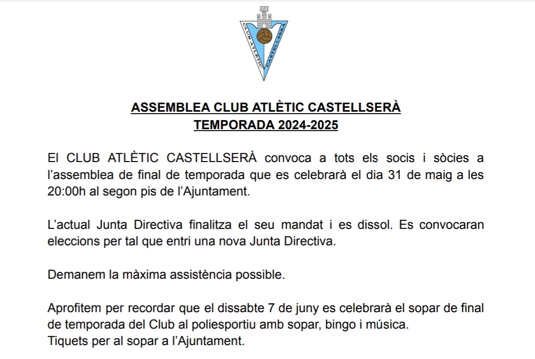 Club Atlètic Castellserà (@catcastellsera) on Twitter photo Recordem aquesta tarda al 2n pis de <a href="/AjCastellsera/">Ajunt. Castellsera</a> l'assemblea de final de temporada del Club. Recordem aquesta tarda al 2n pis de <a href="/AjCastellsera/">Ajunt. Castellsera</a> l'assemblea de final de temporada del Club.