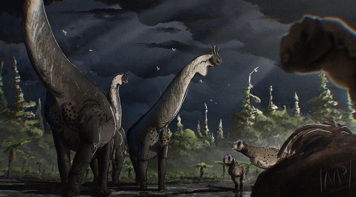 9PM in Huincul Formation, late cretaceous. Few Choconsaurus got separated from the larger group during a storm. Now they pass by the carcass of a giant carnivore, being taken advantage of by scavengers and opportunists like Skorpiovenator.