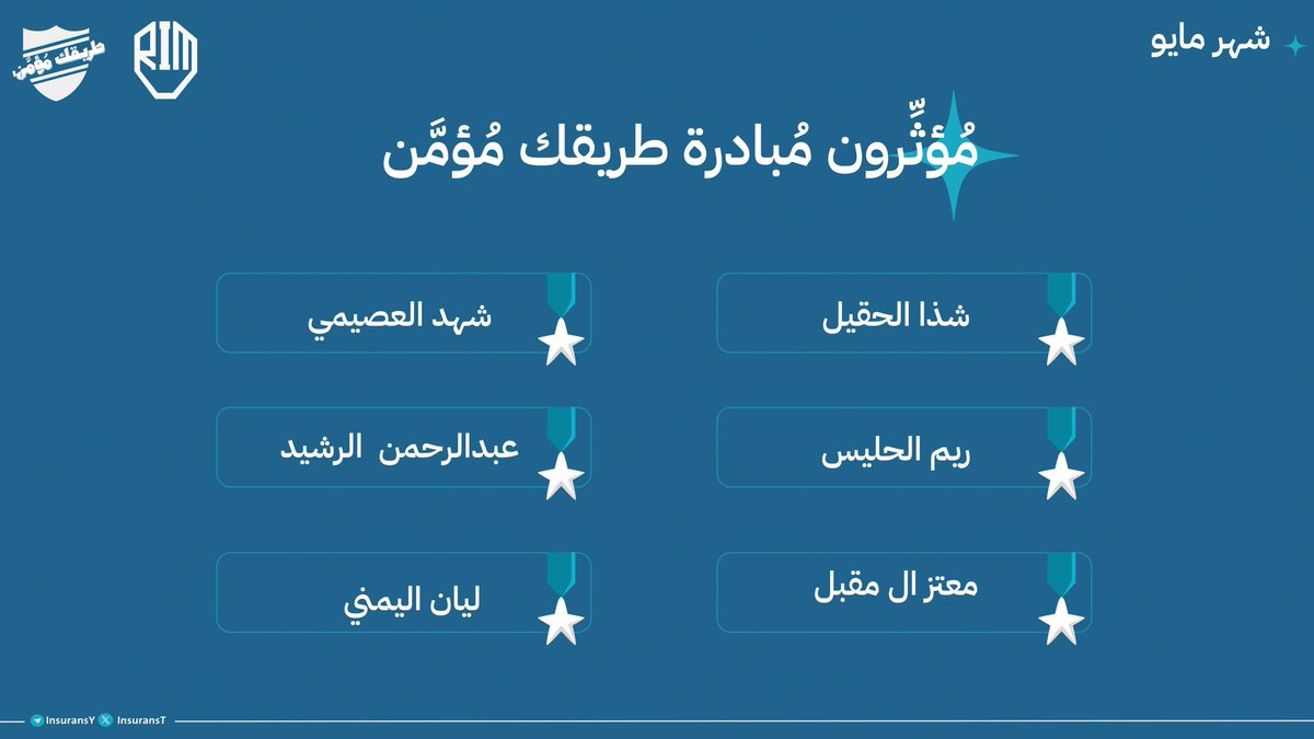 •• فـــي شهرٍ أُمِّن فيه الإبداع!🛡️
برزت أسماء لم يكُن لها حضـــــــورًا عاديًا؛ بل
كانت قُوَّة مُؤثِّـرة تُحدث الفرق، وتُلهِم الطريق!

مُميَّـزون #طريقك_مُؤمَّن لا يمرون مرورًا عابرًا
بل يغرسون قيمةً تعلو بتميُّــــــزهم وعطائهم.
«مُؤثِّرون.. صُنِع من أجلهم تميُّز شهر مايو!🌟»