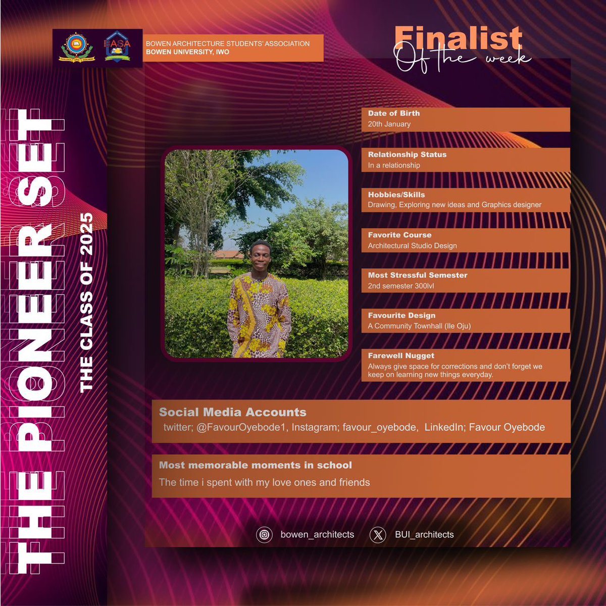 BUI_architects's tweet photo. Meet our finalists for the week, Favour and Paul!🎉 https://t.co/d6PiPcW9pr