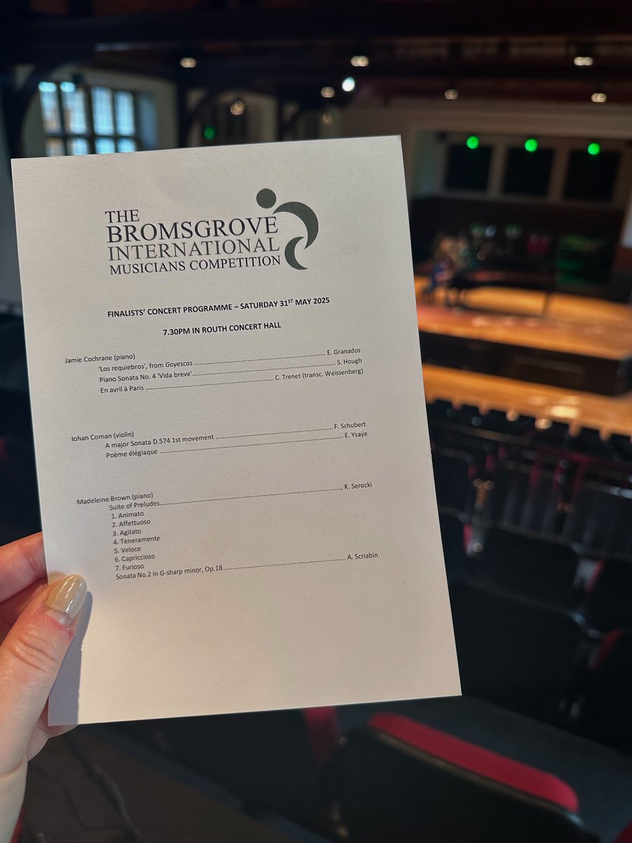 The final of The Bromsgrove International Musicians’ Competition 2025 takes place in just one hour! 

If you haven’t purchased your tickets yet, these are available on the door or in advance at bromsgrove-school.co.uk/boxoffice 

📍 Routh Concert Hall at Bromsgrove School

#BIMC25
