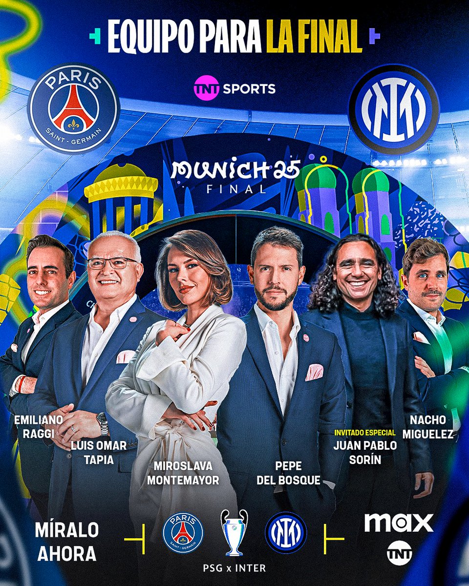 TNT Sports México (@tntsportsmex) on Twitter photo ¡ES HOY! 🤩
Desde Múnich, <a href="/MiroslavaMont/">Miroslava Montemayor</a>, <a href="/LuisOmarTapia/">Luis Omar Tapia</a>, <a href="/PepedelBosque/">Pepe Del Bosque</a>, <a href="/jpsorin6/">Juan Pablo Sorin</a>, <a href="/emilianoraggi/">Emiliano Raggi</a> e <a href="/IgnacioMiguelez/">Ignacio Miguélez</a> te esperan YA para disfrutar de la #BenditaChampions.
🇫🇷 <a href="/PSG_inside/">Paris Saint-Germain</a> 🆚 <a href="/Inter/">Inter ⭐⭐</a> 🇮🇹
📲 <a href="/StreamMaxLA/">Max Latinoamérica</a>: bit.ly/3uNNRqp
📺 <a href="/TNTLA/">TNT™ América Latina</a>
#TNTSportsEnMax ¡ES HOY! 🤩
Desde Múnich, <a href="/MiroslavaMont/">Miroslava Montemayor</a>, <a href="/LuisOmarTapia/">Luis Omar Tapia</a>, <a href="/PepedelBosque/">Pepe Del Bosque</a>, <a href="/jpsorin6/">Juan Pablo Sorin</a>, <a href="/emilianoraggi/">Emiliano Raggi</a> e <a href="/IgnacioMiguelez/">Ignacio Miguélez</a> te esperan YA para disfrutar de la #BenditaChampions.
🇫🇷 <a href="/PSG_inside/">Paris Saint-Germain</a> 🆚 <a href="/Inter/">Inter ⭐⭐</a> 🇮🇹
📲 <a href="/StreamMaxLA/">Max Latinoamérica</a>: bit.ly/3uNNRqp
📺 <a href="/TNTLA/">TNT™ América Latina</a>
#TNTSportsEnMax