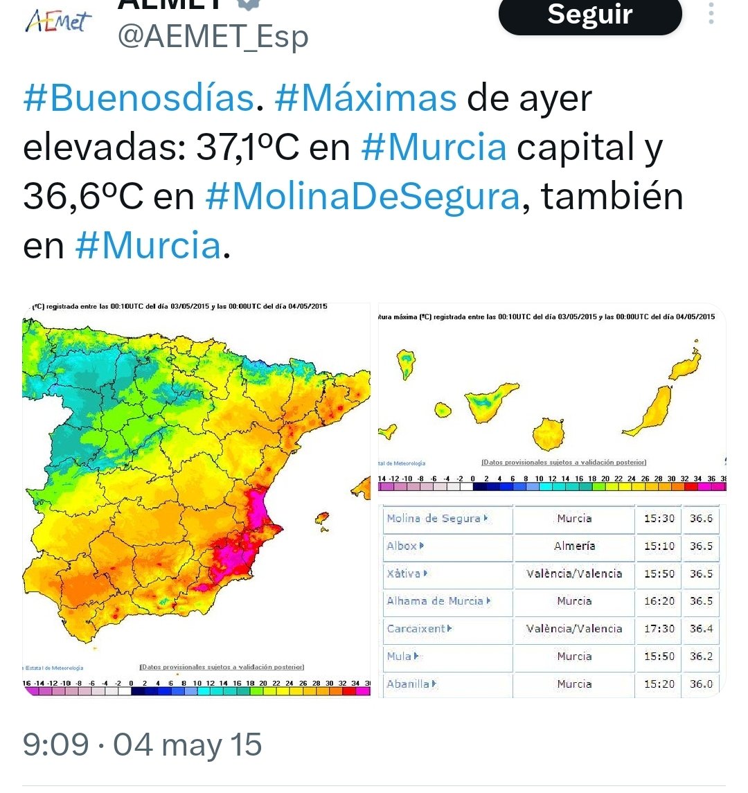 En mayo de 2015 el verde iba hasta los 18 grados, el amarillo empezaba en 22 y el rojo en 32.

En 2025 la "ciencia" dice que el amarillo empieza en 0 grados y el rojo en 16.

El cambio cromático.