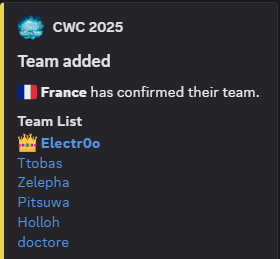 CWC 2025 Team France 
Ttobas
Zelepha
Pitsuwa
Holloh
doctore
Electr0o (c)
GL HF everyone  ! 😁✌️