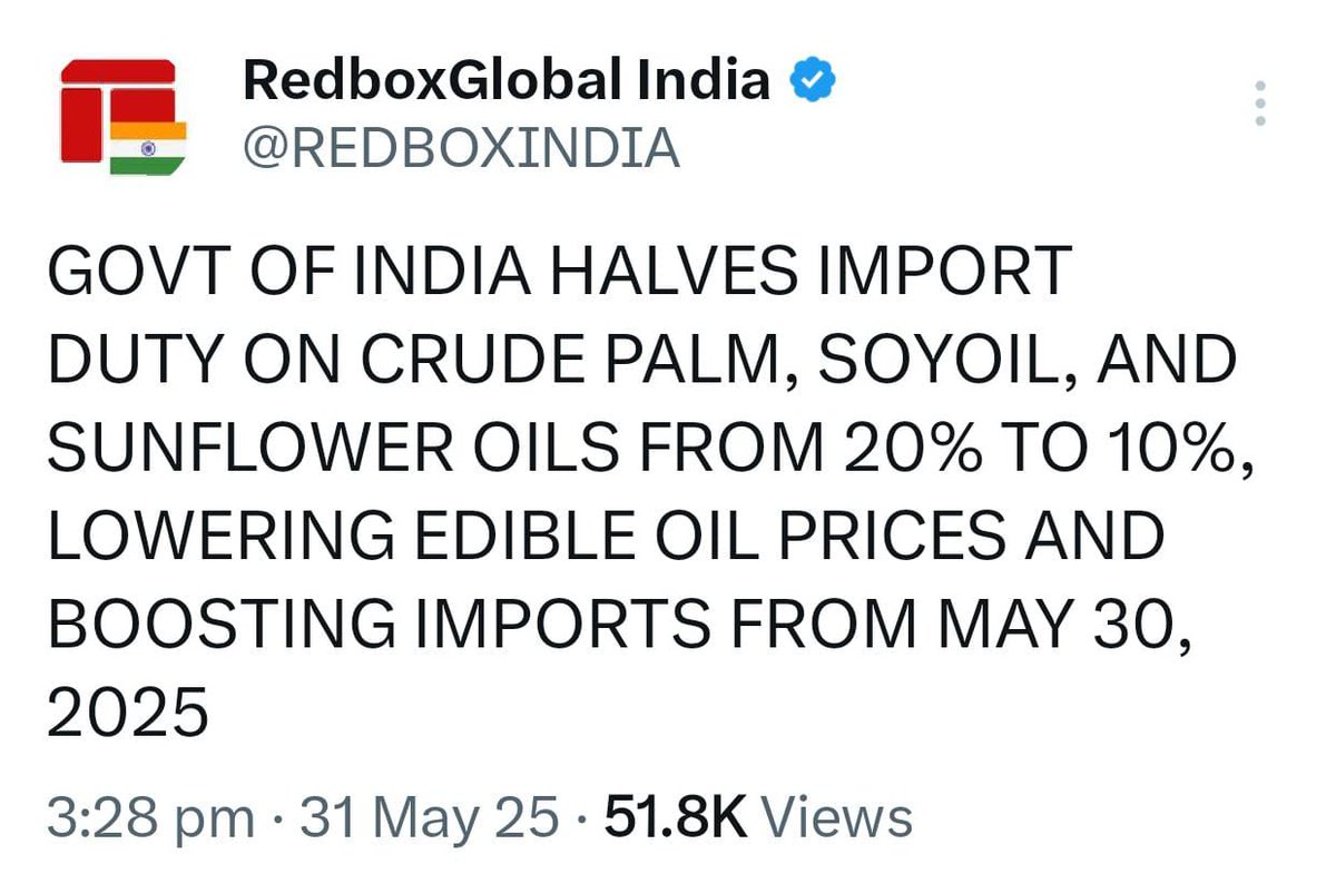 NSuresh_ECW's tweet photo. Government reduces import duty on Crude palm, Soya oil, Sunflower oil from 20% to 10% wef May 30th 2025
#EdibleOil #Palmoil #Soyaoil #Sunfloweroil https://t.co/Zckmo5387S