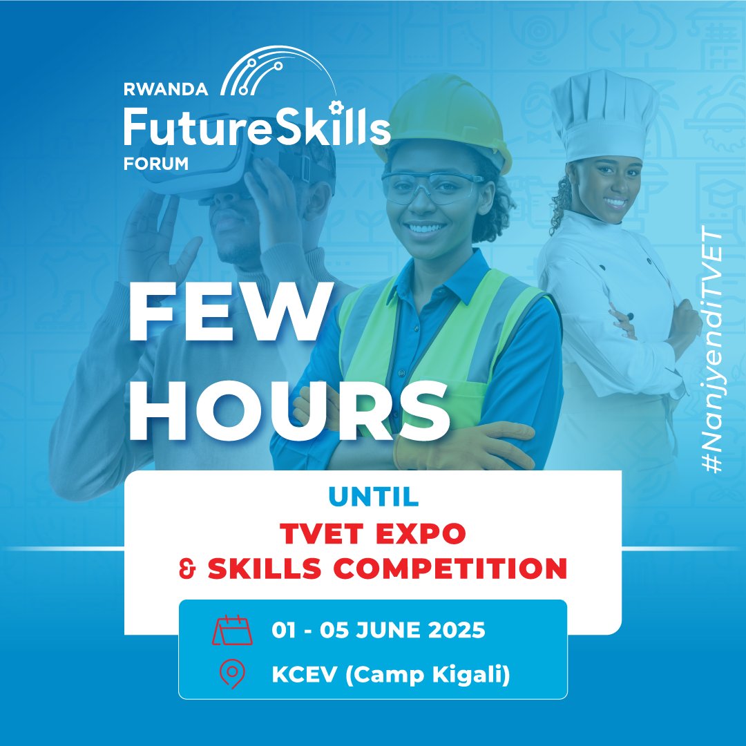 RTB_Rwanda's tweet photo. We’re just hours away from Rwanda’s biggest skills showcase! It’s almost time to experience the energy, innovation, and excellence that define #TVETExpo2025 and the #SkillsCompetition.

Are you ready to witness skills in action, explore cutting-edge innovations, and celebrate Rwanda’s journey toward a future built on competence?

Join us and be part of the movement that’s redefining the power of practical skills.

🗓️: June 1–5, 2025
📍 : Camp Kigali 
#FutureSkillsForum2025 #NanjyendiTVET