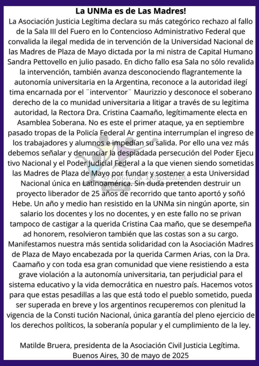 💜 La UNMa es de Las Madres
Rechazamos el fallo que avala la intervención ilegítima de la Universidad Nacional de las Madres de Plaza de Mayo.
#UNMaEsDeLasMadres #JusticiaLegítima #AutonomíaUniversitaria #ConLasMadres #NoALaIntervención #Democracia #UniversidadPública #HebeVive