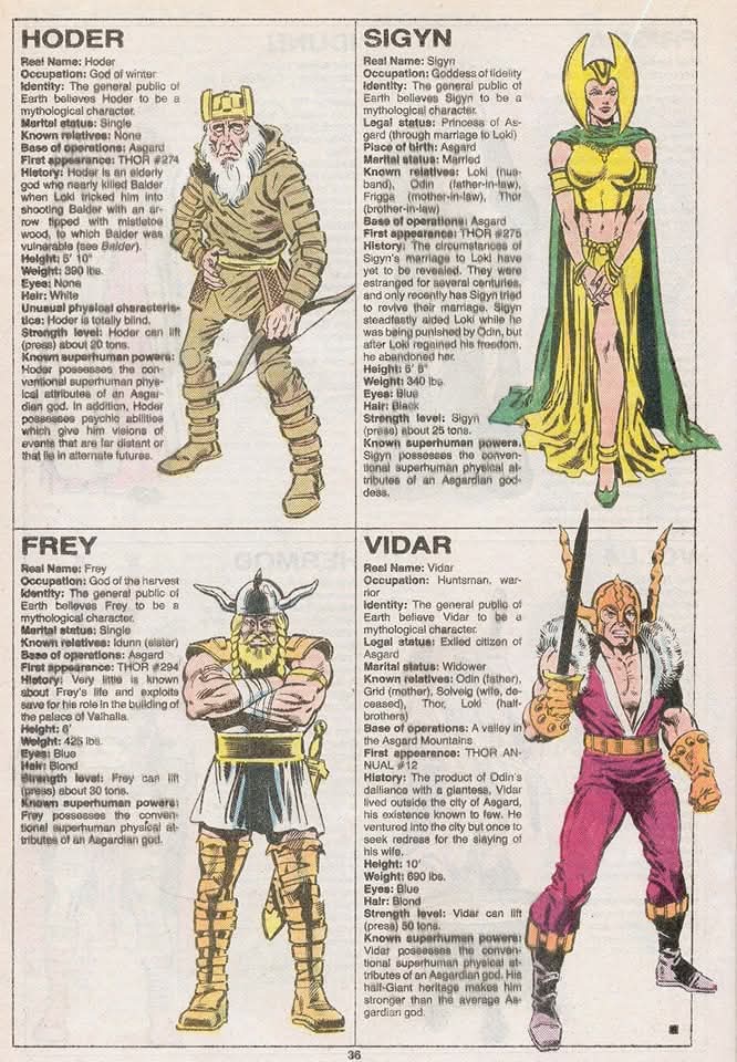 Thoughts on these Asgardians?
The Official Handbook of the Marvel Universe Deluxe Edition #1 (V2; 1985; Marvel Comics)
Writer: Mark Gruenwald, Peter Sanderson
Penciler: Rich Buckler
Inker: Joe Rubinstein
Colorist: Andy Yanchus
#Marvel