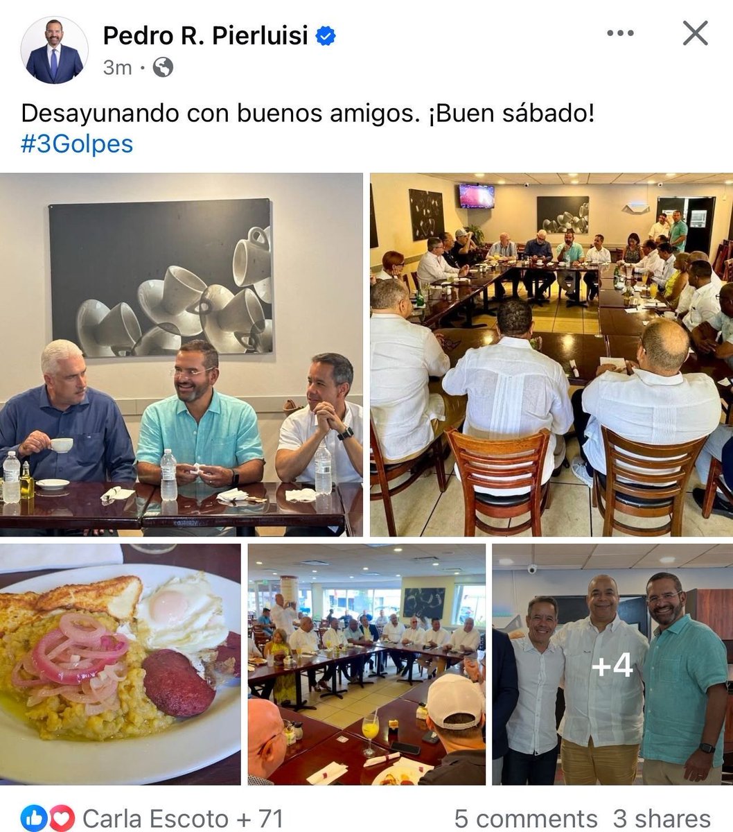 PIERLUISI PUBLICA PROVOCADORA FOTO CON TRES GOLPES - Como diría Nestor Duprey, tres golpes son el desayuno dominicano, pero... ahí hay tres golpes en una foto y otros más en otras fotos. Vamos, esto está empezando, pero el desamor es evidente. 

¿Qué mensaje crees que se quiso