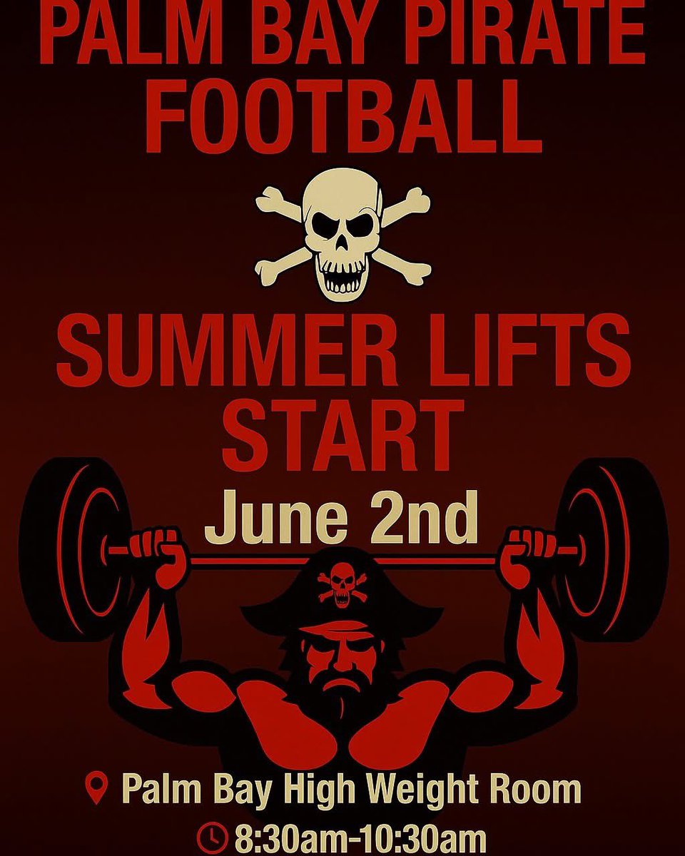 Palm Bay Pirate summer workouts start Monday. 

Champions aren't made under the lights. They're built in the weight room. 

Excited to see what S&amp;C/WR coach Trey Nixon has in store this summer for the pirates!! ☠

#palmbayfootball #palmbaypirates