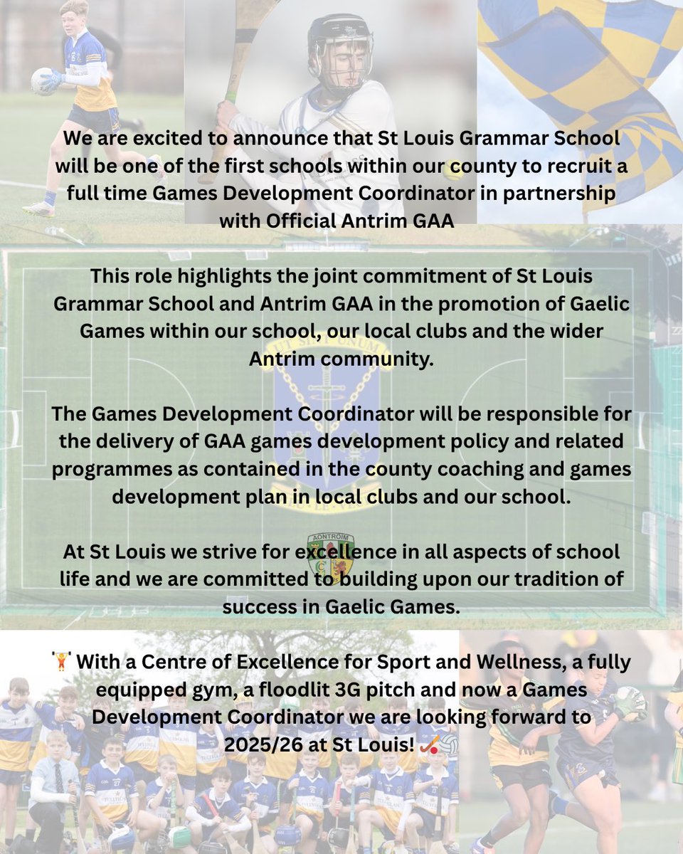 St Louis Ballymena (@slgballymena) on Twitter photo ๐จ Breaking News! ๐ข
We are excited to announce that we will be one of the first schools within our county to recruit a full time Games Development Coordinator in partnership with <a href="/AontroimGAA/">Antrim GAA</a> ๐ค
๐๐ผPlease see for more info:
ulster.gaa.ie/council/jobs/ ๐จ Breaking News! ๐ข
We are excited to announce that we will be one of the first schools within our county to recruit a full time Games Development Coordinator in partnership with <a href="/AontroimGAA/">Antrim GAA</a> ๐ค
๐๐ผPlease see for more info:
ulster.gaa.ie/council/jobs/