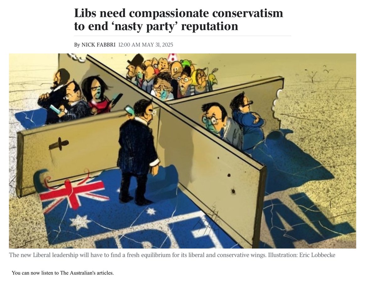 Kos Samaras (@kossamaras) on Twitter photo This is actually a solid article. It lays out a sensible path for conservatives trying to stay relevant in modern Australia. 
But here’s the problem: Howard-era conservatism wasn’t built on policy reform or broad appeal. It was built on scapegoats, grievance, and stoking fear, This is actually a solid article. It lays out a sensible path for conservatives trying to stay relevant in modern Australia. 
But here’s the problem: Howard-era conservatism wasn’t built on policy reform or broad appeal. It was built on scapegoats, grievance, and stoking fear,