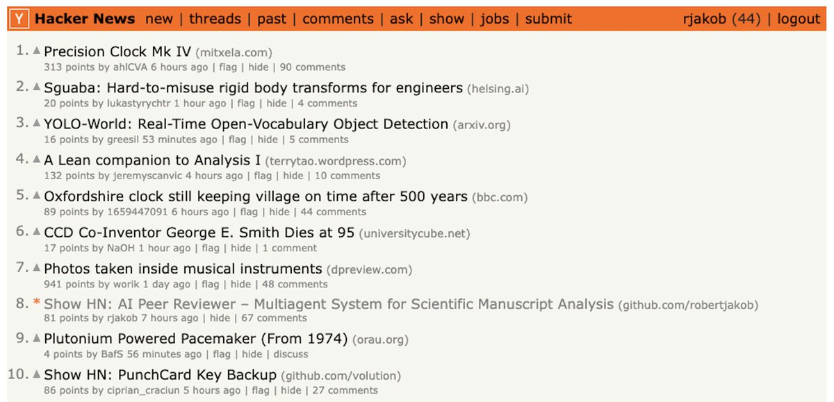 robertjakob's tweet image. Our AI reviewer for academic manuscripts just hit the front page of @hackernews.
Lots of uploads and helpful feedback so far! 🙏
Try it out for free:
Cloud: rigorous.company
Self-host: github.com/robertjakob/ri…