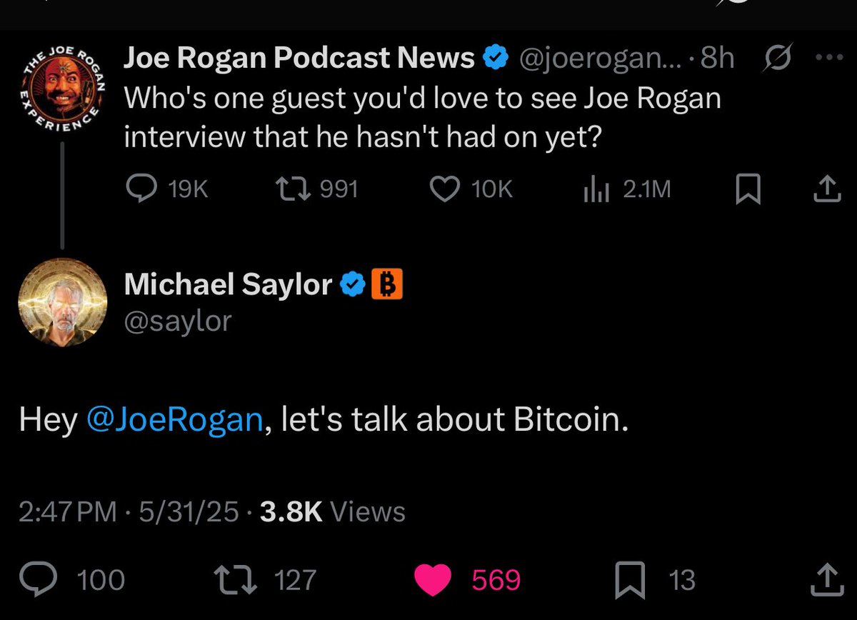 Who else wants to see Michael Saylor do <a href="/joerogan/">Joe Rogan</a>’s podcast??? 🙋‍♂️