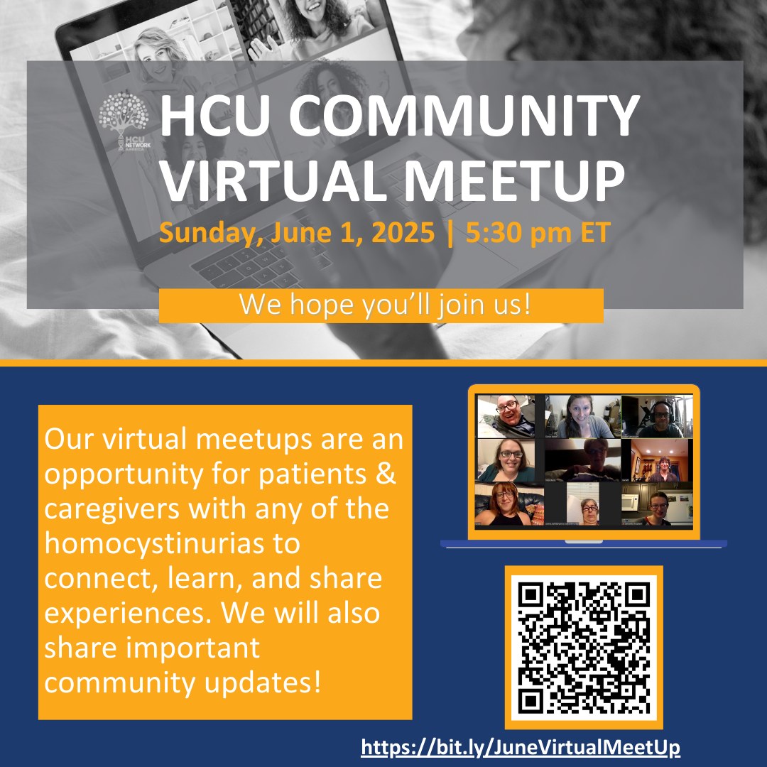 🚨 Happening in TODAY🚨

Join us at 5:30 pm EST for a Summer Community Virtual Meetup! 🖥️

Come connect, learn, and share with others in the community and receive some updates! 👥 🫂

➡️ Register: bit.ly/JuneVirtualMee…

#homocystinuria #hcunetworkamerica #summer #meetup