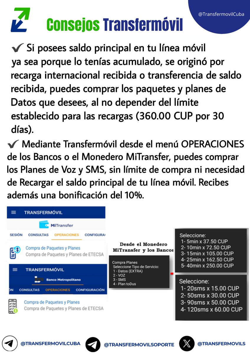 #ConsejoTransfermóvil
✔️Mediante #Transfermóvil desde el menú OPERACIONES de los Bancos o el Monedero Móvil MiTransfer, puedes comprar los Planes de Voz y SMS que desees sin necesidad de Recargar el saldo principal de la línea, ni límites (sólo el consumir antes de los 30 días).