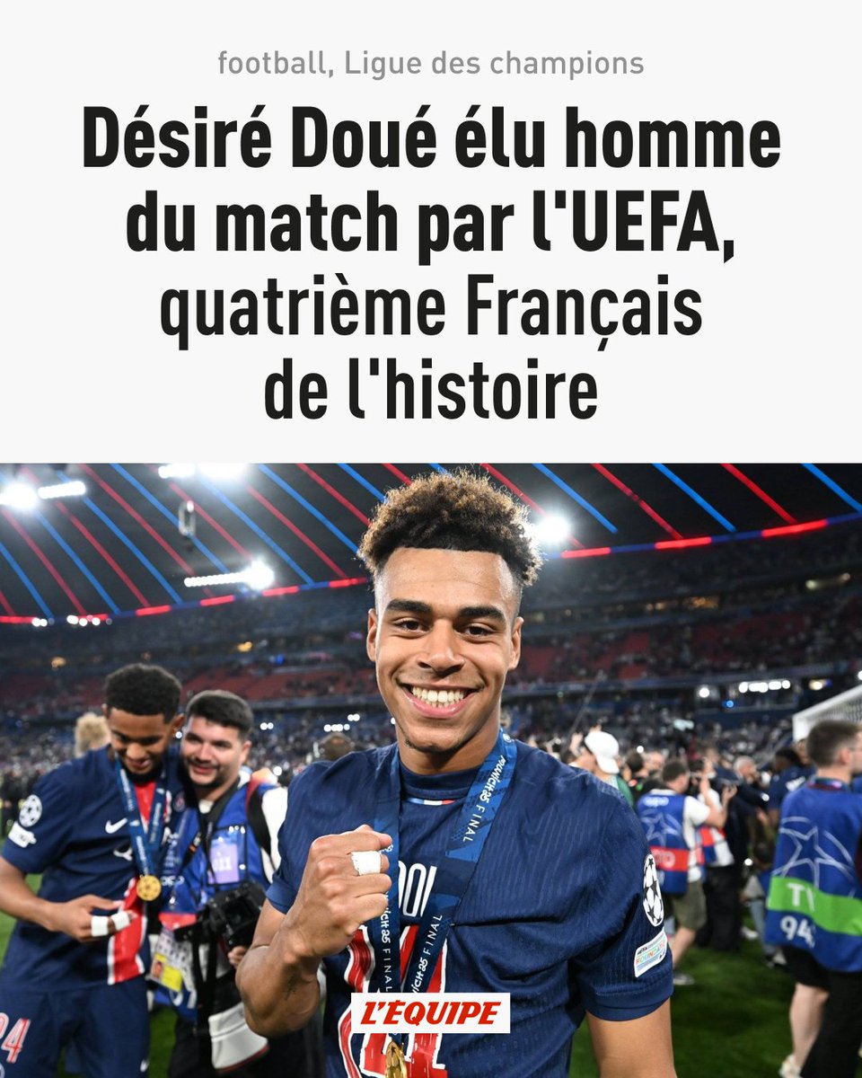 lequipe's tweet photo. Grâce à son match exceptionnel avec le PSG contre l'Inter Milan, Désiré Doué a été joueur de la finale de la Ligue des champions par l'UEFA. Une récompense déjà remportée par Zinédine Zidane, Kingsley Coman et N'Golo Kanté.
➡️https://t.co/4WIQGy4FdB https://t.co/io4gKQcXtD