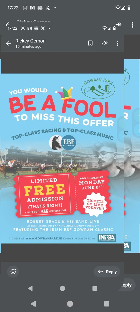 Irish National Professional Bookmakers Association (@inpbaoc) on Twitter photo Gowran Park tomorrow EBF classic great days Racing and Entry is Free sponsored by INPBA
First race 1.32
Free Shuttle Bus service from Kilkenny Gowran Park tomorrow EBF classic great days Racing and Entry is Free sponsored by INPBA
First race 1.32
Free Shuttle Bus service from Kilkenny