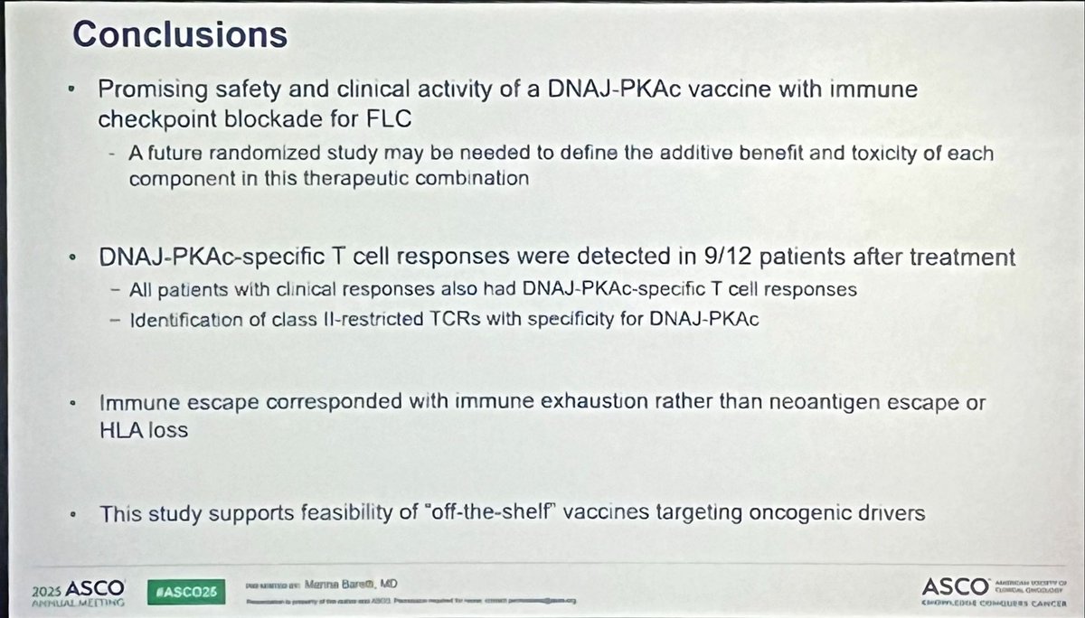 I am so glad to see a study focused on #fibrolamellar carcinoma at #ASCO25

#Vaccine against DNAJ-PKAc
With IpiNivo
Phase I study

Encouraging results 🤞🏻

<a href="/ASCO/">ASCO</a> <a href="/GrupoTTD/">Grupo Español de Tratamiento de Tumores Digestivos</a> <a href="/_SEOM/">SEOM</a>