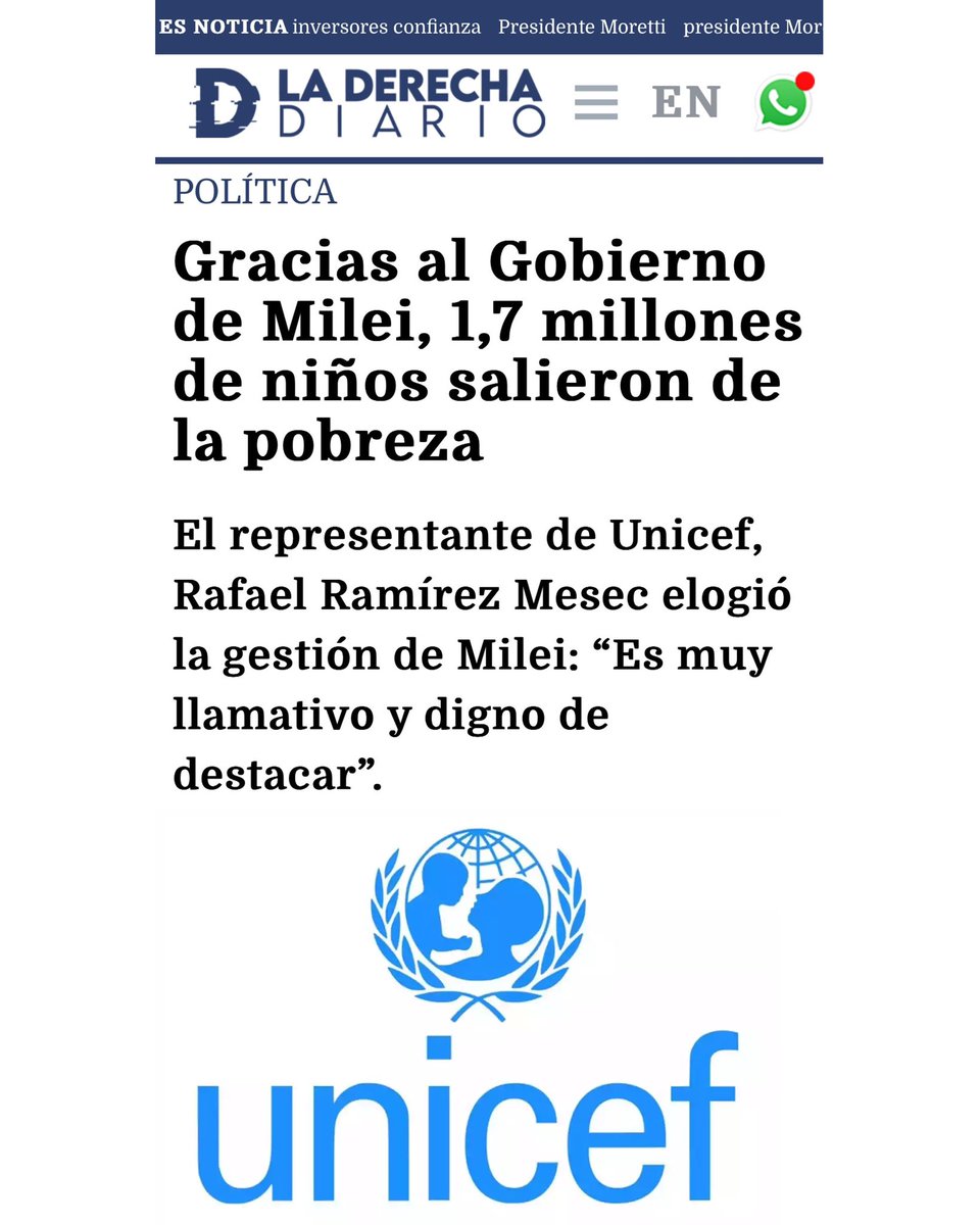 🇦🇷 | A UNICEF destacou que 1.700.000 crianças argentinas saíram da pobreza durante o governo de Javier Milei.