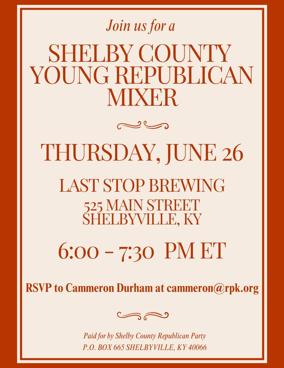 ShelbyGopKy's tweet image. Join us for a Young Republican Mixer! 🎉
When: June 26th @ 6:00 - 7:30 PM
Where: Last Stop Brewing
Why: Connect, network, and make a difference with fellow young conservatives in Shelby County!
See you there! #KYGOP #YoungRepublicans #ShelbyCounty