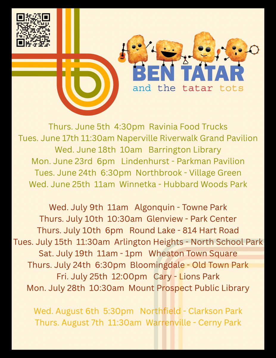 BenTatarMusic's tweet photo. Tour cards, get ya tour cards here! Thrilled for a packed #Chicagoland tour for all the #kindie Tots fans out there. Catch a show and spread the word!! #btattt #kidshow #kidsmusic #chicago #tatartots https://t.co/SRbawcyuc9