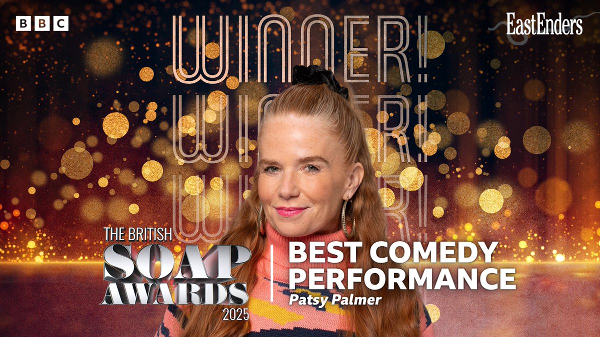 bbceastenders's tweet image. 🏆🥳 WINNER! 🥳🏆 All the LOLS and love for @patsypalmerx for winning the Best Comedy Performance at The British @SoapAwards 2025! Thank you to everyone that voted! ❤️ #EastEnders #TheBritishSoapAwards @BBC @BBCOne @BBCiPlayer