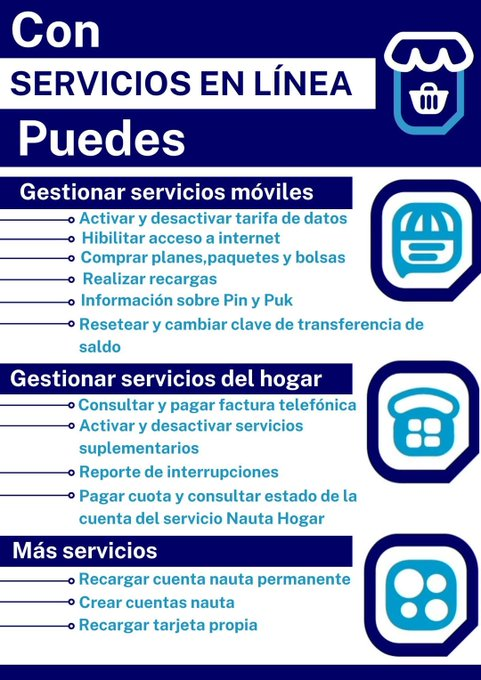 💥Aún no lo has hecho??
✅Accede a Servicios en Línea tienda.etecsa.cu y gestiona tus servicios donde estés, en cualquier horario, sin necesidad de acudir a las oficinas comerciales.
👍Estas son algunas de las facilidades de autogestión que ahí tendrás. 👇
#EtecsaConCuba