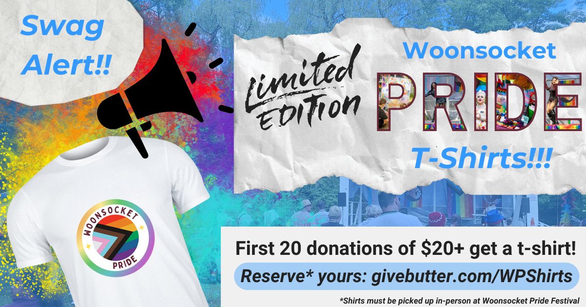 Alex Kithes (@alexkithes) on Twitter photo Only 6 spots left! The next 6 donations of $20 or more will have a limited-edition <a href="/WoonsocketPride/">Woonsocket Pride</a> t-shirt waiting for them at the 2025 Woonsocket Pride Festival. Donate at givebutter.com/wpshirts Only 6 spots left! The next 6 donations of $20 or more will have a limited-edition <a href="/WoonsocketPride/">Woonsocket Pride</a> t-shirt waiting for them at the 2025 Woonsocket Pride Festival. Donate at givebutter.com/wpshirts
