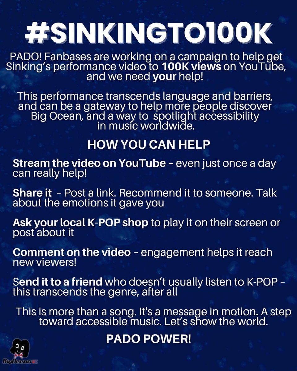 BigOceanUK's tweet photo. PADO! We are launching a new campaign with fellow fanbases and need YOUR help: let’s get SINKING to 100K views!
Find out how you can support right here 👇
PADO POWER 🩵
#SINKINGTO100K
https://t.co/opPauHzfk0 https://t.co/CzqfkiZFdP