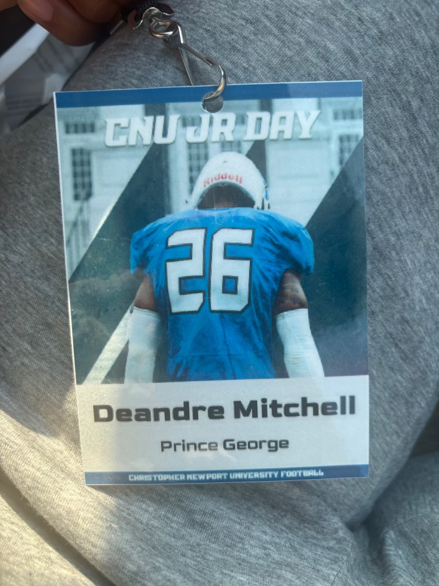 Deandre Mitchell (@deandre40803856) on Twitter photo Thank you <a href="/cnu_football/">CNU Football</a> for having me for junior day. Had a great time Also thank you <a href="/CoachSmitty25/">Craig Smith II</a> <a href="/coachatsmith/">Alex Smith</a>
For talking with me
<a href="/PGRoyalsFB/">Prince George Football</a> Thank you <a href="/cnu_football/">CNU Football</a> for having me for junior day. Had a great time Also thank you <a href="/CoachSmitty25/">Craig Smith II</a> <a href="/coachatsmith/">Alex Smith</a>
For talking with me
<a href="/PGRoyalsFB/">Prince George Football</a>