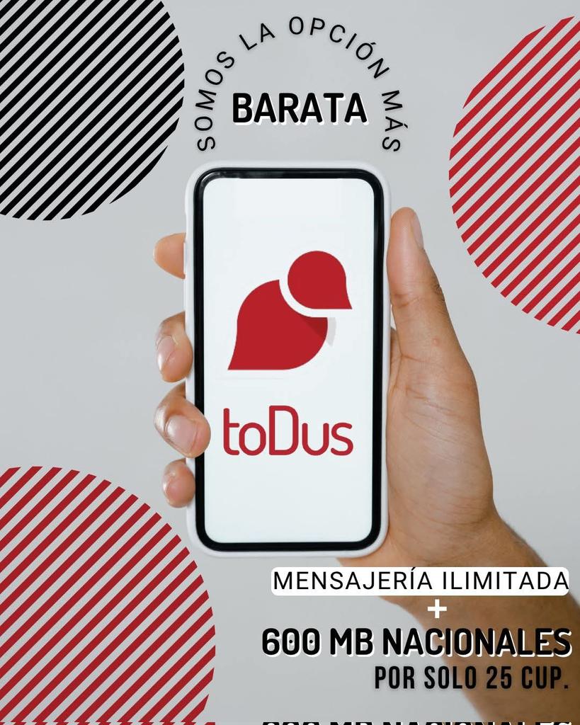 ¡toDus es la opción más barata! 
¡Mensajería ilimitada + 600 MB nacionales por solo 25 CUP! 💙 
Este Plan se puede comprar marcando el código *133#, luego la opción 1: "Datos" y luego la opción 2: "Plan toDus". 
Por solo 100 CUP tienes 2.4 Gigas nacionales. Una excelente opción!