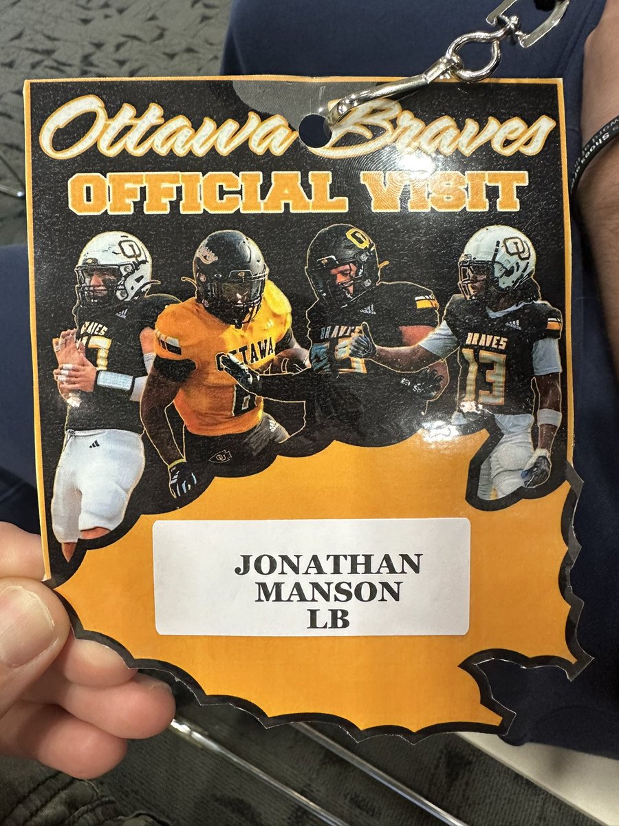 Jonathan Manson (@jonathanmanso12) on Twitter photo I had a great Junior Day visit <a href="/OttawaBravesFB/">Ottawa Braves Football</a> I was blown away with their weight room and locker room. Great presentation by <a href="/CoachNickDavis/">Nick Davis</a> and really good energy with all the coaches! Thanks so much for your time and having me! OTTER ON and earn the gold! <a href="/CoachJRupnow/">Justin Rupnow</a> I had a great Junior Day visit <a href="/OttawaBravesFB/">Ottawa Braves Football</a> I was blown away with their weight room and locker room. Great presentation by <a href="/CoachNickDavis/">Nick Davis</a> and really good energy with all the coaches! Thanks so much for your time and having me! OTTER ON and earn the gold! <a href="/CoachJRupnow/">Justin Rupnow</a>