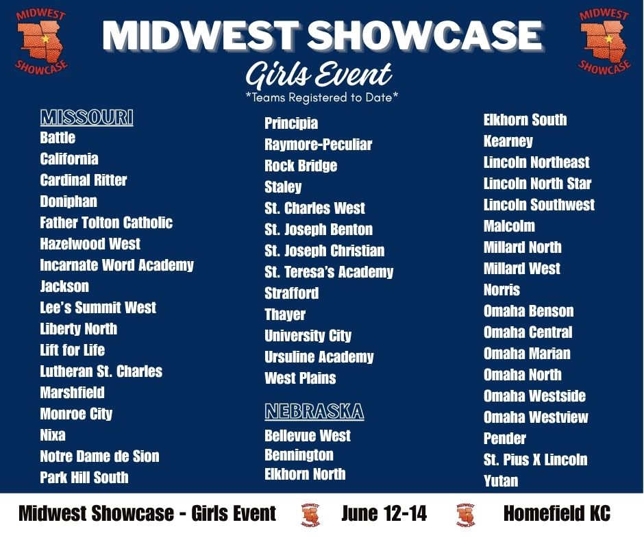 Midwest Showcase (@mw_showcase) on Twitter photo Here is an updated list of teams *registered to date* for the 2025 Girls Midwest Showcase Event! 🏀 Great basketball to come at Homefield KC on June 12-14th!
<a href="/homefieldkc/">Homefield Kansas City</a> @mbcacoaches Here is an updated list of teams *registered to date* for the 2025 Girls Midwest Showcase Event! 🏀 Great basketball to come at Homefield KC on June 12-14th!
<a href="/homefieldkc/">Homefield Kansas City</a> @mbcacoaches