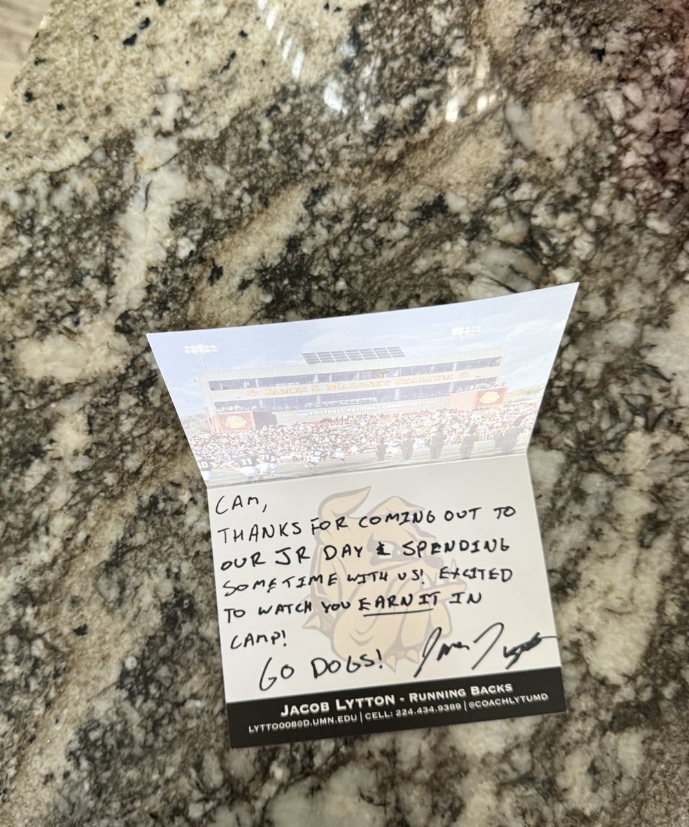 Thank you <a href="/Coach_LytUMD/">Jake Lytton</a> for the hand written letter! I’m looking forward to getting back on campus this summer and competing at camp. <a href="/UMD_Football/">UMD Football</a>