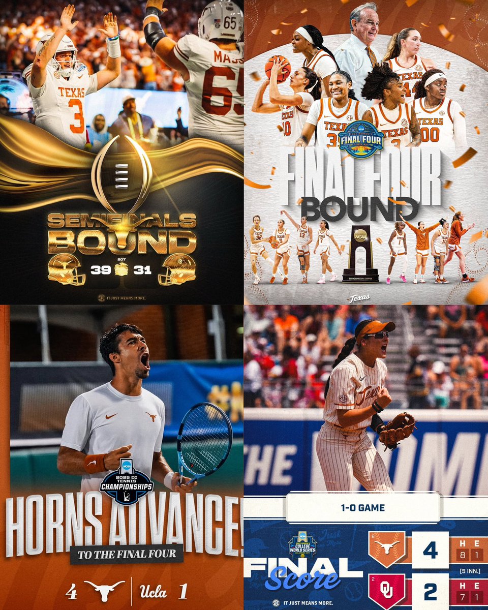 John Bianco (@ut_bianco) on Twitter photo .<a href="/TexasSoftball/">Texas Softball</a> advancing to #WCWS semifinals makes it 4️⃣ Longhorn teams reaching the Final Four of their NCAA Tournaments this year (<a href="/TexasFootball/">Texas Football</a>, <a href="/TexasWBB/">Texas Women's Basketball</a>, <a href="/TexasMTN/">Texas Men's Tennis</a>)🤘🏻🤘🏻🤘🏻🤘🏻
Our Horns have a total of 6️⃣ NCAA Championship top-3 finishes on the year (<a href="/TexasMSD/">Texas Men's Swimming & Diving</a>🥇/<a href="/TexasWSD/">Texas Women's Swimming & Diving</a>🥉) .<a href="/TexasSoftball/">Texas Softball</a> advancing to #WCWS semifinals makes it 4️⃣ Longhorn teams reaching the Final Four of their NCAA Tournaments this year (<a href="/TexasFootball/">Texas Football</a>, <a href="/TexasWBB/">Texas Women's Basketball</a>, <a href="/TexasMTN/">Texas Men's Tennis</a>)🤘🏻🤘🏻🤘🏻🤘🏻
Our Horns have a total of 6️⃣ NCAA Championship top-3 finishes on the year (<a href="/TexasMSD/">Texas Men's Swimming & Diving</a>🥇/<a href="/TexasWSD/">Texas Women's Swimming & Diving</a>🥉)