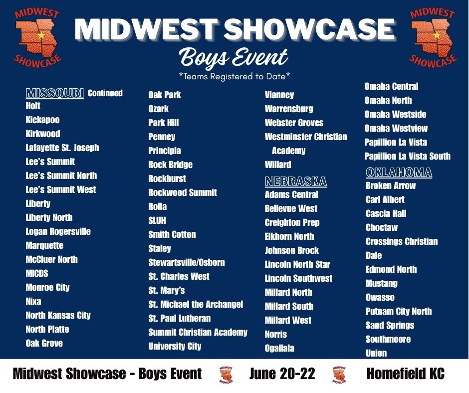 Midwest Showcase (@mw_showcase) on Twitter photo Here is an updated list of teams *registered to date* for the 2025 Boys Midwest Showcase Event! 🏀 Great basketball to come at Homefield KC on June 20-22nd!
<a href="/homefieldkc/">Homefield Kansas City</a> @mbcacoaches Here is an updated list of teams *registered to date* for the 2025 Boys Midwest Showcase Event! 🏀 Great basketball to come at Homefield KC on June 20-22nd!
<a href="/homefieldkc/">Homefield Kansas City</a> @mbcacoaches