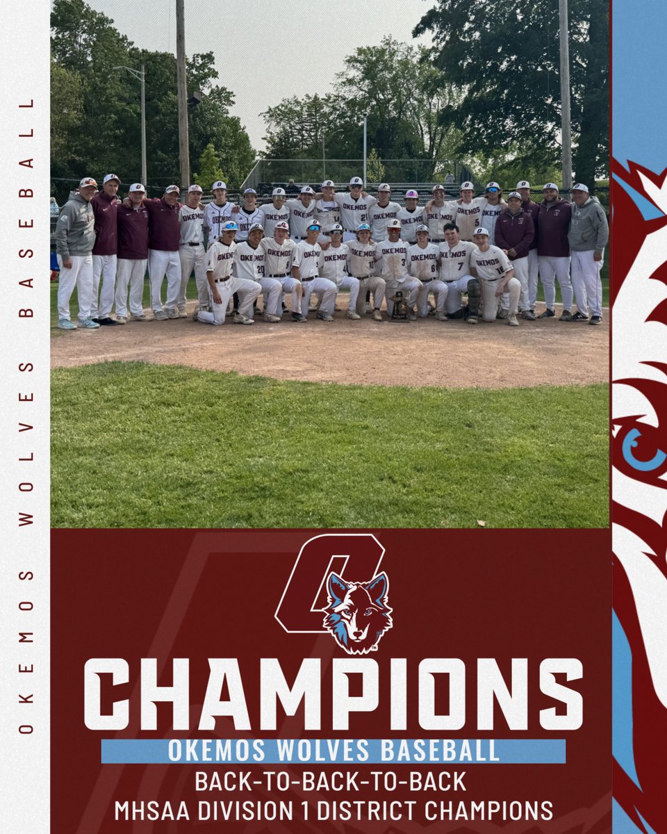 Okemos Baseball (@baseballokemos) on Twitter photo DISTRICT SEMIFINALS:
Okemos 13 Lansing Everett 1
DISTRICT FINALS:
Okemos 6 Grand Ledge 4
The Wolves capture a 3rd consecutive district title!
Next ⬆️: <a href="/_DiamondClassic/">Diamond Classic</a> Semis Mon. 6/2 vs. Portland Raiders @ MSU McLane Stadium
#GoWolves
<a href="/brian_calloway/">Brian Calloway</a> <a href="/UncleFred77/">Fred R Heumann</a> <a href="/ian_kress/">Ian Kress</a> DISTRICT SEMIFINALS:
Okemos 13 Lansing Everett 1
DISTRICT FINALS:
Okemos 6 Grand Ledge 4
The Wolves capture a 3rd consecutive district title!
Next ⬆️: <a href="/_DiamondClassic/">Diamond Classic</a> Semis Mon. 6/2 vs. Portland Raiders @ MSU McLane Stadium
#GoWolves
<a href="/brian_calloway/">Brian Calloway</a> <a href="/UncleFred77/">Fred R Heumann</a> <a href="/ian_kress/">Ian Kress</a>