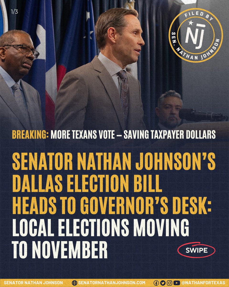 Senator Nathan Johnson (@nathanfortexas) on Twitter photo THREAD: Low-turnout local elections cost taxpayers more and engage fewer voters.
Working with <a href="/SenRoyceWest/">Royce West</a> and House authors Rep. <a href="/RafaelAnchia/">Rafael Anchía</a> and <a href="/RepToniRoseTX/">State Representative Toni Rose</a>, we passed SB 1494 to fix that — allowing cities to align elections. (1/3) THREAD: Low-turnout local elections cost taxpayers more and engage fewer voters.
Working with <a href="/SenRoyceWest/">Royce West</a> and House authors Rep. <a href="/RafaelAnchia/">Rafael Anchía</a> and <a href="/RepToniRoseTX/">State Representative Toni Rose</a>, we passed SB 1494 to fix that — allowing cities to align elections. (1/3)