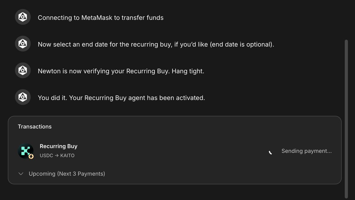 maziibe_'s tweet photo. Spinned up another @newton_xyz  Recurring buy agent because I can.

Buy $Kaito for the next 3 days.

You should too.

gNewt https://t.co/RmUMX57zd6