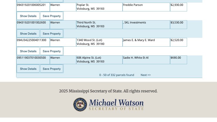 There are currently 332 tax-forfeited properties in Vicksburg. That's a heckuva lot of blight.

Vicksburg was the poster-child example of poor, rural towns that Trump's Opportunity Zones tax incentives were going to revitalize. sos.ms.gov/tax-forfeited-…