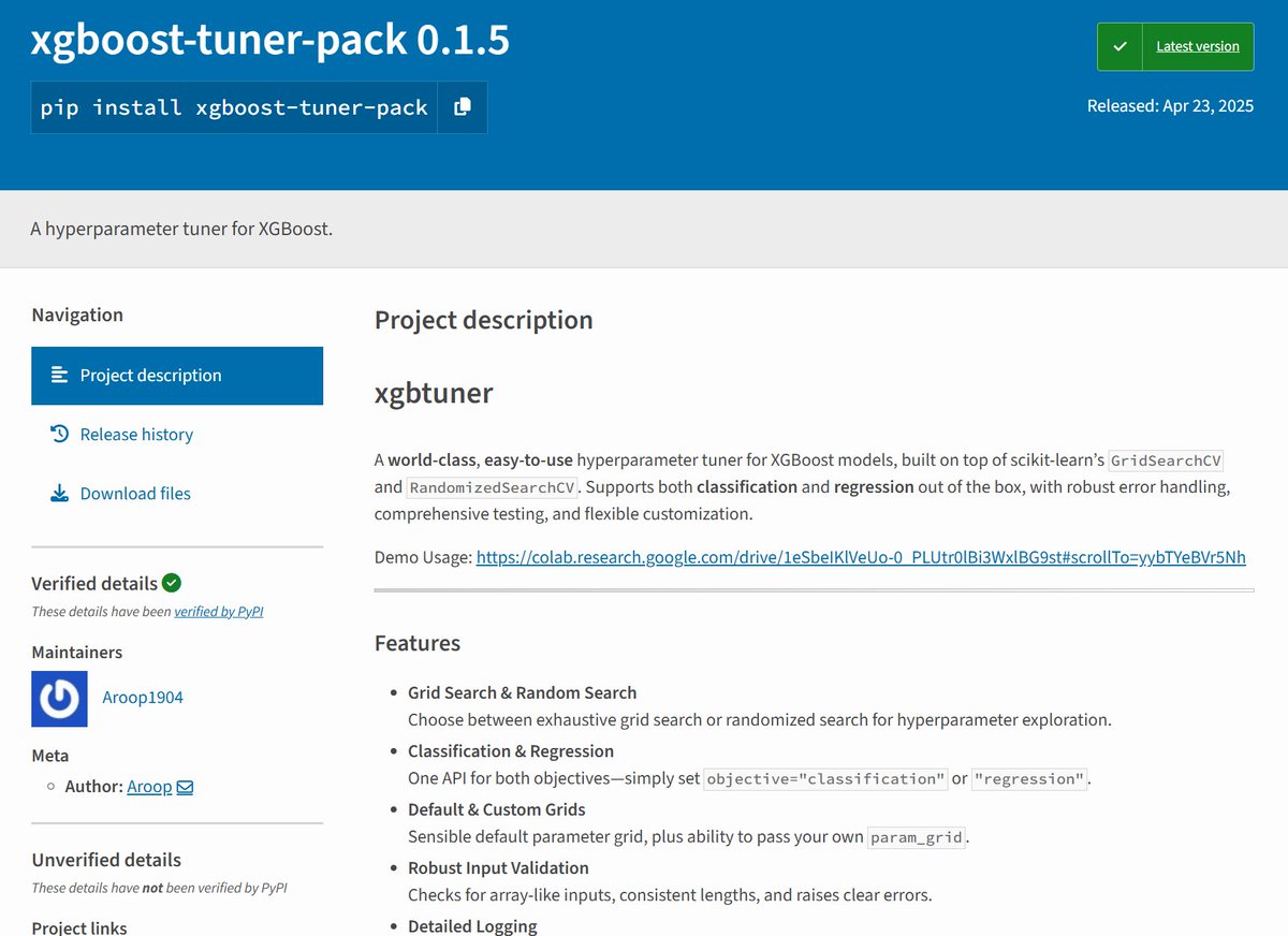 Hey Everybody!!
Here is a lightweight toolkit to optimize XGBoost models faster &amp; smarter with hyperparameter tuning. 
Here is the link to it:
pypi.org/project/xgboos…
Plug &amp; play with your favorite tuner.
#MachineLearning #XGBoost #Python #DataScience #ML