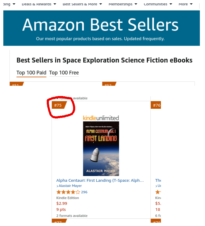 My Alpha Centauri series has always been a personal bestseller, and now Amazon agrees. "First Landing" is now #75 in the space exploration SF category, and #99 in the hard SF category. Incidentally, #76 is Ursula LeGuin's "The Left Hand of Darkness." Not bad company!